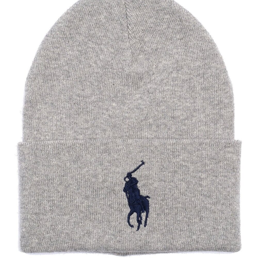 Polo Ralph Lauren Fall Winter Cuffed Acrylic Beanie Solid Big Logo Gray Blue